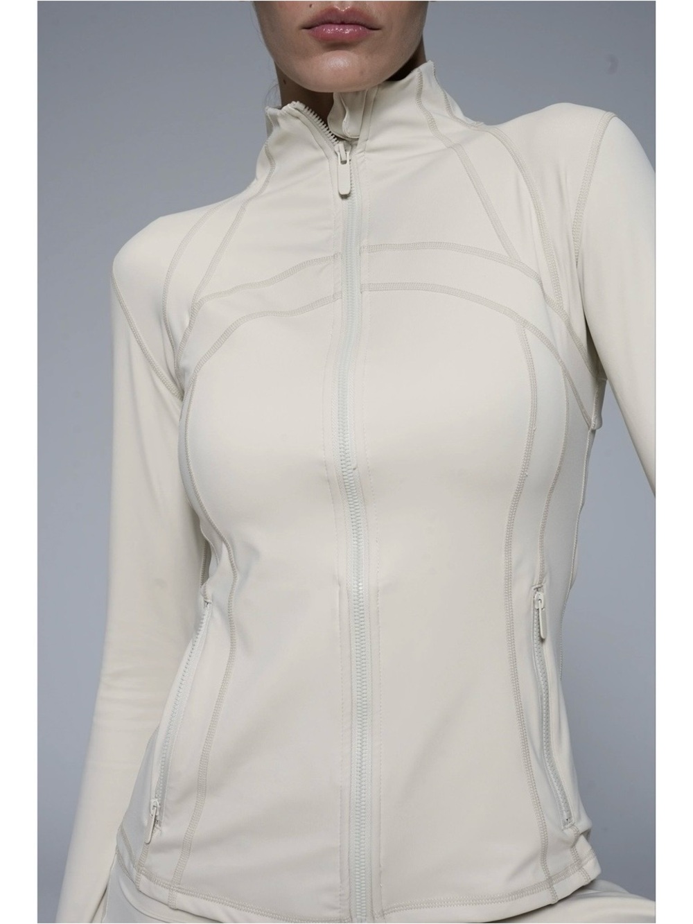 Women's Cream Athletic Jacket XS-S Full Front Zip High Neck Workout Define Knit